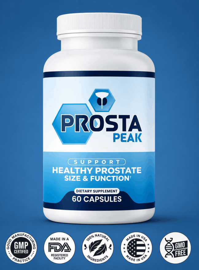 ProstaPeak dietary supplement bottle with blue and navy label